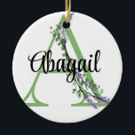 Ornamento De Cerâmica Alphabet letter A, Lavanda de aquarela Eucalyptus<br><div class="desc">Uma design romântica e elegante com letra alfabética monográfica moldada por eucalipto e lavanda e libélula pintados em aquarelas. Para começar a alterar o nome, clique em "Personalizar este modelo" e edite o texto nas caixas modelo. Para acessar as ferramentas de edição mais avançadas, role para baixo até "Clique para...</div>