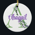 Ornamento De Cerâmica Alphabet letter A, Lavanda de aquarela Eucalyptus<br><div class="desc">Uma design romântica e elegante com letra alfabética monográfica moldada por eucalipto e lavanda e libélula pintados em aquarelas. Para começar a alterar o nome, clique em "Personalizar este modelo" e edite o texto nas caixas modelo. Para acessar as ferramentas de edição mais avançadas, role para baixo até "Clique para...</div>