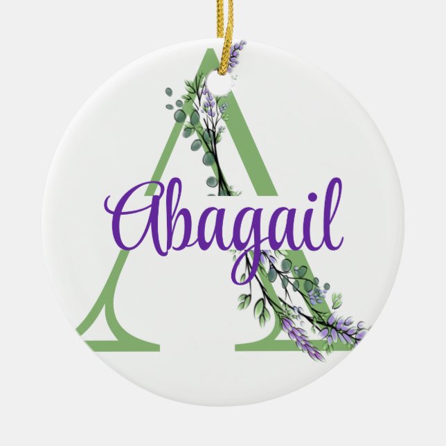 Ornamento De Cerâmica Alphabet letter A, Lavanda de aquarela Eucalyptus (Frente)