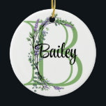 Ornamento De Cerâmica Alphabet letter b, botica Lavanda aquática<br><div class="desc">Um design romântico e elegante com letra alfabética monográfica "B", enquadrada por eucalipto, lavanda e libélula pintada em aquarelas. Para começar a alterar o nome, clique em "Personalizar este modelo" e edite o texto nas caixas modelo. Para acessar as ferramentas de edição mais avançadas, role para baixo até "Clique para...</div>