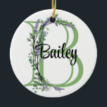 Ornamento De Cerâmica Alphabet letter b, botica Lavanda aquática<br><div class="desc">Um design romântico e elegante com letra alfabética monográfica "B", enquadrada por eucalipto, lavanda e libélula pintada em aquarelas. Para começar a alterar o nome, clique em "Personalizar este modelo" e edite o texto nas caixas modelo. Para acessar as ferramentas de edição mais avançadas, role para baixo até "Clique para...</div>