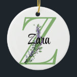 Ornamento De Cerâmica Alphabet letter Z, botânica da Lavanda de aquarela<br><div class="desc">Uma design romântica e elegante com letra alfabética monográfica "Z", enquadrada por eucalipto e lavanda e libélula pintada em aquarelas. Para começar a alterar o nome, clique em "Personalizar este modelo" e edite o texto nas caixas modelo. Para acessar as ferramentas de edição mais avançadas, role para baixo até "Clique...</div>