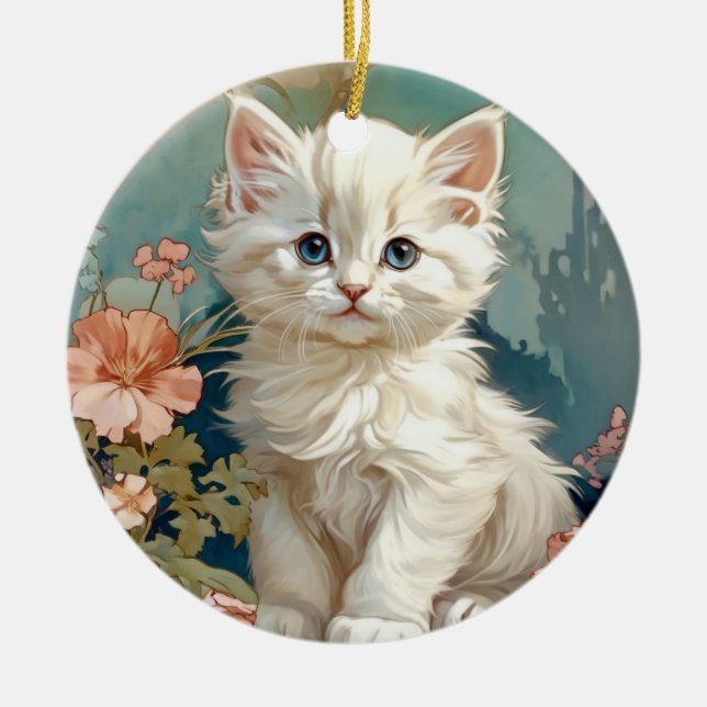 Ornamento De Cerâmica Alphonse Mucha Style White Cat (Frente)