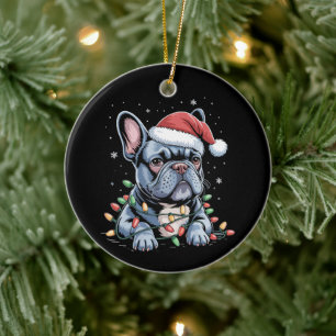 Ornamento De Cerâmica Amante de Bulldog Francês Frenchie Chapéu de Natal