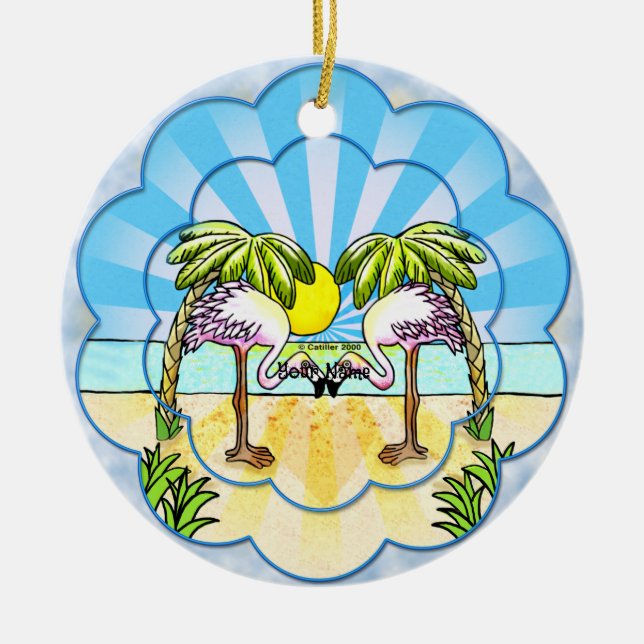 Ornamento De Cerâmica Amantes do Flamingo (Frente)
