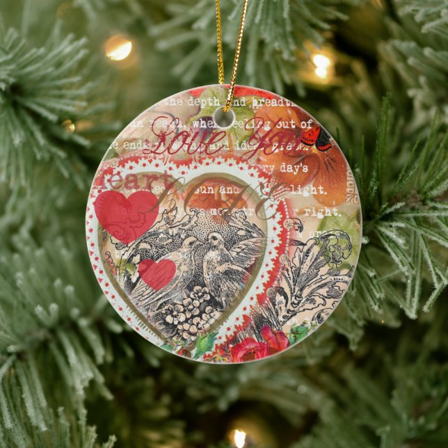Ornamento De Cerâmica Amar Pássaros Coração Colagem de Arte Vermelha (Árvore)