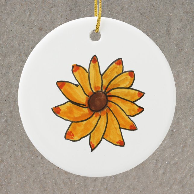Ornamento De Cerâmica Amarelo Desenho Da Mão De Girassol (An ornament featuring a hand drawn sunflower done in marker and ink.)