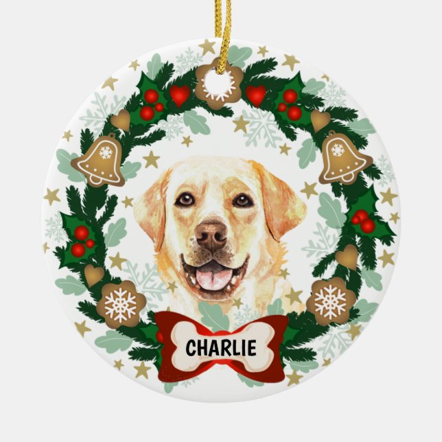 Ornamento De Cerâmica Amarelo Labrador Retriever Natal Cookie Wreath (Frente)