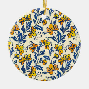 Ornamento De Cerâmica Amarelo Laranja Floral Folclórico Vintage Folha Az