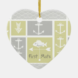 Ornamento De Cerâmica Amarelo náutico e Cinza Ancora Peixes Vane