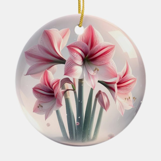 Ornamento De Cerâmica Amaryllis Flores brancas cor-de-rosa (Frente)