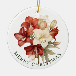 Ornamento De Cerâmica Amaryllis Vermelho e Branco no Feliz Natal Branco