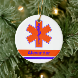 Ornamento De Cerâmica Ambulância Personalizada Laranja e Estrela Azul d
