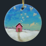 Ornamento De Cerâmica Ame a arte romântica do divertimento da cabine da<br><div class="desc">Intitulado:  Permanência morno
 
 Românticos pequenos adoráveis obtêm afastado.  Pintura colorida original do divertimento.</div>