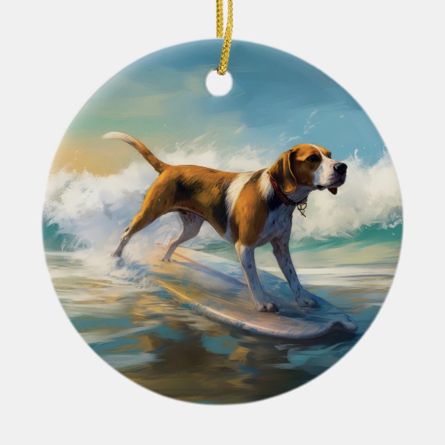 Ornamento De Cerâmica American Engligh Foxhound Beach Surfing Painting (Frente)