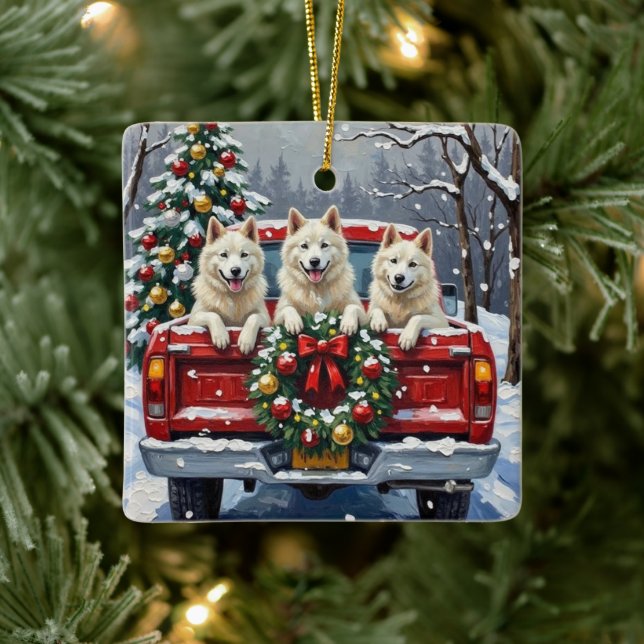 Ornamento De Cerâmica American Eskimo Dog Christmas Red Truck Holiday (Árvore)