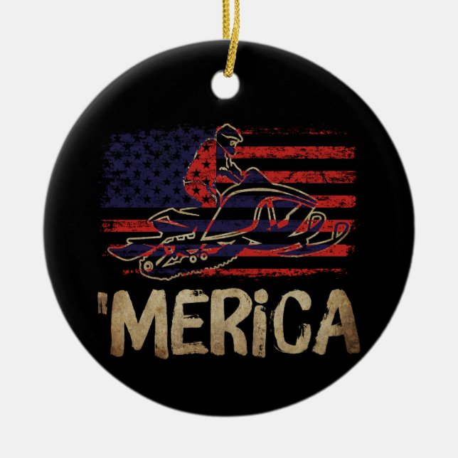 Ornamento De Cerâmica American Flag Snowmobile Winter Snowmobiling (Frente)