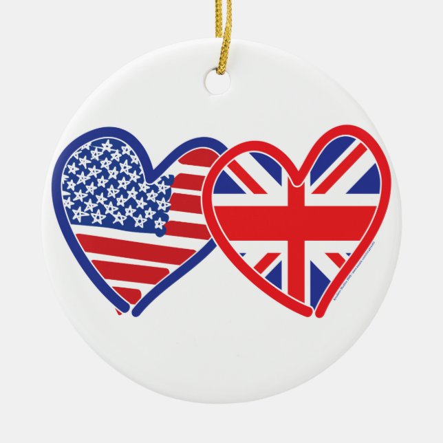 Ornamento De Cerâmica American Flag Union Jack Flag Hearts (Frente)