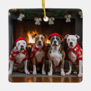 Ornamento De Cerâmica American Staffordshire ao lado da Lareira Natal
