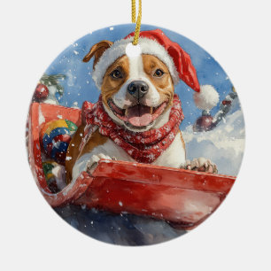 Ornamento De Cerâmica American Staffordshire no Natal de Trenó
