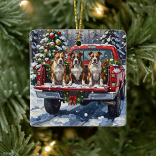 Ornamento De Cerâmica American Staffordshire Terrier Natal Caminhão Verm