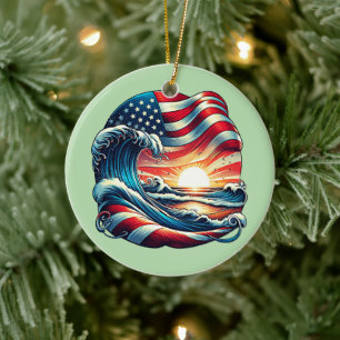 Ornamento De Cerâmica American USA Flag Beach Wave Sunset Patriset Art