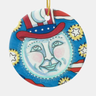 ORNAMENTO DE CERÂMICA AMERICANA PATRIÓTICO DE ARTE FOLK NA LUA