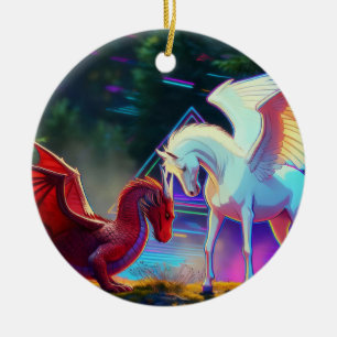 Ornamento De Cerâmica Amigos da Floresta - Jovem Dragão e Jovem Pégaso