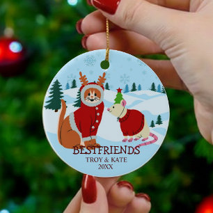 Ornamento De Cerâmica Amigos de Natal Nevado – Gato e Rato de Férias