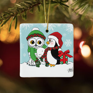Ornamento De Cerâmica Amigos do Natal de Coruja Pinguim Festivo Fofo de