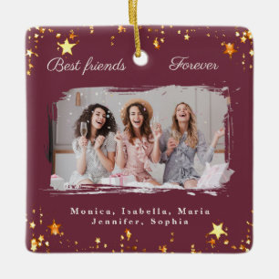 Ornamento De Cerâmica Amigos para sempre foto burgundy estrelas douradas