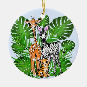 Ornamento De Cerâmica Amigos Safari, girafa, zebra, tigre, folhas de pal