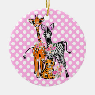 Ornamento De Cerâmica Amigos Safari, girafa, zebra, tigre, polca rosa