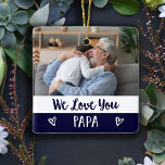 Ornamento De Cerâmica Amo-Te Papá | Marinho Blue Color Block Two Photo<br><div class="desc">Esta moda e na moda de natal apresenta duas fotos de você e seu avô,  com blocos de cores modernos em azul e branco escuro,  com tipografia escrita branca e escrita manuscrita e corações bonitinhos. O ornamento diz "nós te amamos papai".</div>