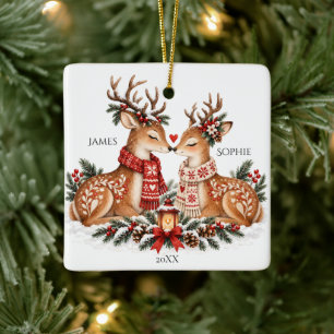 Ornamento De Cerâmica Amor de Natal Casal de Rena Escandinavo