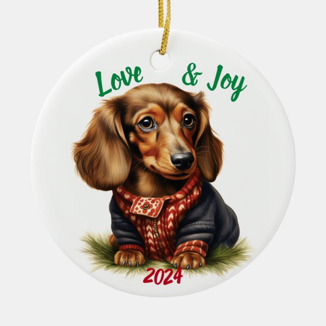 Ornamento De Cerâmica Amor e Joy Dachshund: Aquarela (Frente)