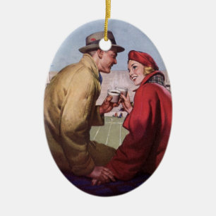 Ornamento De Cerâmica Amor e Romance Vintage, Casal em Jogo de Futebol
