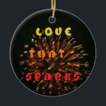 Ornamento De Cerâmica Amor Que Gira Abstrato<br><div class="desc">Amor Que Estipula Impressão de Design de Abstrato de Arte Apresentando o "Amor que Estimula o Impressão de Design de Arte Abstrato", uma peça vibrante que captura a essência do amor e da celebração apaixonados. A expressão "AMOR ESPARQUES" é posicionada verticalmente no centro, sobreposta a uma representação abstrato de fogos...</div>