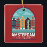 Ornamento De Cerâmica Amsterdam Netherlands Viagem Art Vintage<br><div class="desc">Design de viagem de vetor retrô de Amsterdã em um estilo emblem. É conhecida pelo seu patrimônio artístico,  sistema de canal elaborado e casas estreitas com fachadas lenhosas,  legados da Era do Ouro do século XVII da cidade.</div>