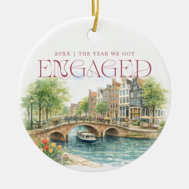 Ornamento De Cerâmica Amsterdam Watercolor Engagement Photo (Frente)