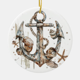 ORNAMENTO DE CERÂMICA ANCHOR NAUTICAL DE WATERCOLOR COM COSTELOS