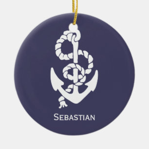Ornamento De Cerâmica Âncora E Corda Náuticas, Azul E Branco