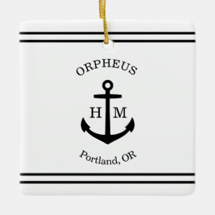 Ornamento De Cerâmica Âncora Náutica Personalizada (branco e preto)