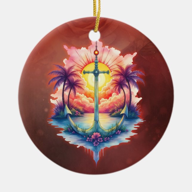 Ornamento De Cerâmica Âncora solar num paraíso tropical.  (Frente)