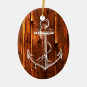 Ornamento De Cerâmica Âncora Vintage em Conselhos de madeira escura