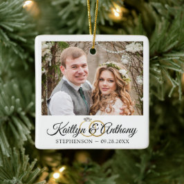 Ornamento De Cerâmica Anéis de Casamento Elegante 2 Foto: Branco Comemor