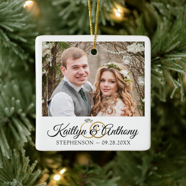 Ornamento De Cerâmica Anéis de Casamento Elegante 2 Foto: Branco Comemor (Árvore)