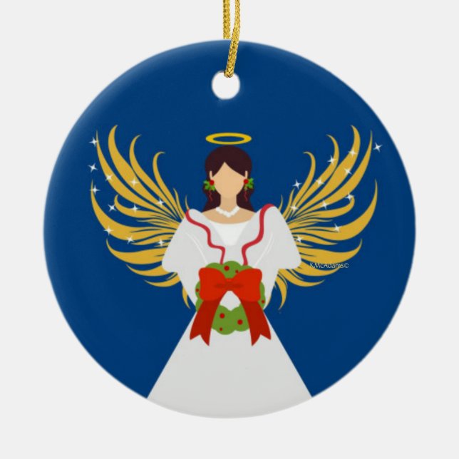Ornamento De Cerâmica Angel Blue Red Wreath Wings Halo Stars Presente (Frente)