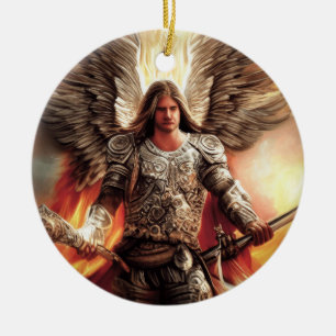 Ornamento De Cerâmica Angel Of Protection In Armor Watercolor Orange
