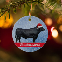 Ornamento De Cerâmica Angus Negro Personalizado e Santa Hat